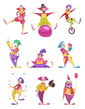 Set of icons clowns in colorful costumes with various elements including unicycle, puppet, ball isolated vector illustrationのイラスト素材
