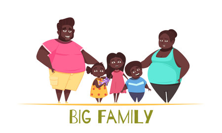 Portrait of big family with dark skin, parents with kids two girls and boy vector illustrationのイラスト素材
