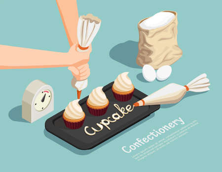 Confectionery chef isometric concept with cupcake and cream symbols vector illustrationのイラスト素材