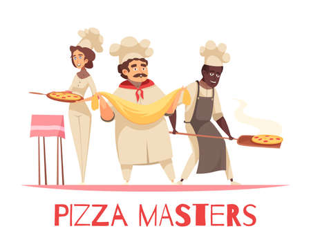 Professional cooking of pizza composition on white background with culinary masters, dough and prepared dish vector illustrationのイラスト素材