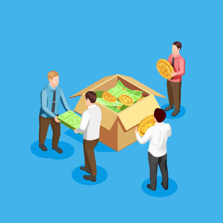 Crowdfunding and finance isometric composition with business and money symbols on blue background vector illustrationのイラスト素材