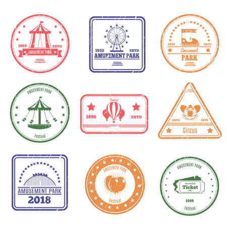 Amusement park stamps collection of isolated postal stamps of different colour with attraction and circus images vector illustrationのイラスト素材
