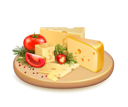 Cheese with vegetables, fresh greens and spice on wooden plate 3d composition on white background vector illustrationのイラスト素材