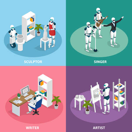 Artificial intelligence 4 isometric icons concept with creative robots sculptor artist writer singer musician isolated vector illustrationのイラスト素材