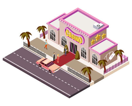 Casino building isometric composition with people arrived by car to play roulette and poker vector illustrationのイラスト素材