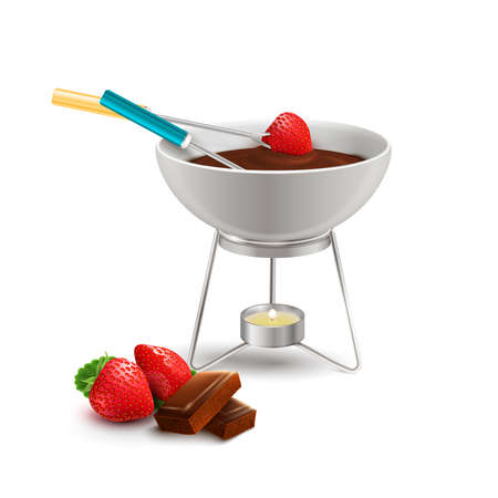 Chocolate fondue with strawberry in culinary utensil with candle realistic composition on white background vector illustrationのイラスト素材