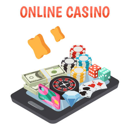 Online casino design concept set of roulette wheel game cards dice chips icons on smartphone screen isometric vector illustrationのイラスト素材