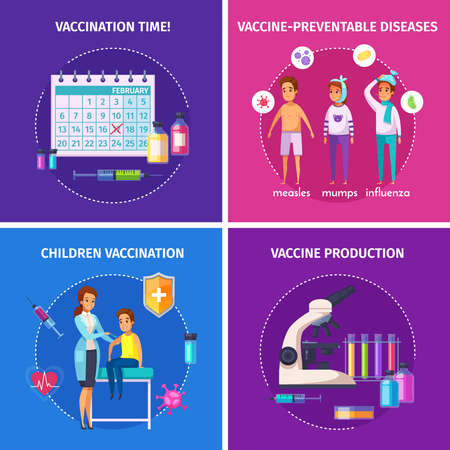 Vaccination immunity cartoon 2x2 composition design concept with doodle characters of people and medical equipment images vector illustrationのイラスト素材