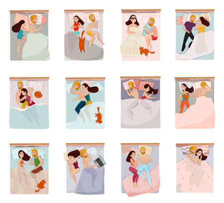 Couple sleeping poses set with relations symbols flat isolated vector illustrationのイラスト素材