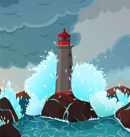 Stormy seaside landscape with waves and lighthouse symbols flat vector illustrationのイラスト素材