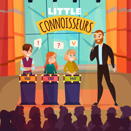Kids quiz TV show with little connoiseurs symbols flat vector illustrationのイラスト素材