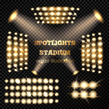 Stadium spotlights gold set with soffits and emitters on dark transparent background realistic isolated vector illustrationのイラスト素材