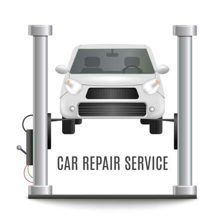 Car repair realistic composition with front view image of auto lift platform with car and text caption vector illustrationのイラスト素材