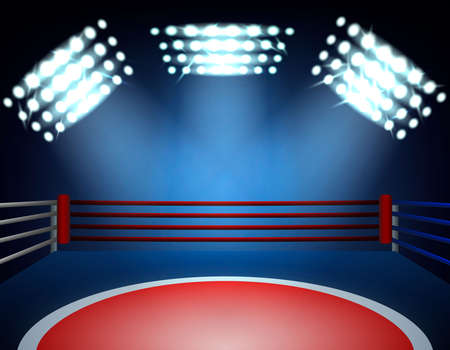 Boxing ring spotlights realistic composition of three stadium spots and boxing ring covered with light beams vector illustrationのイラスト素材