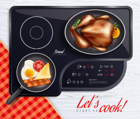 Colored hob surfaces cooking poster with let s start to cook headline and different dishes on the stove vector illustrationのイラスト素材