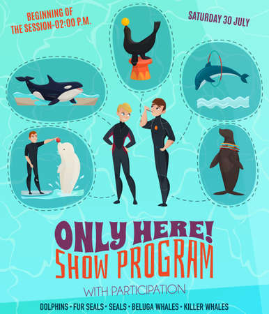 Dolphinarium show program poster with seals dolphins and whales symbols flat vector illustrationのイラスト素材
