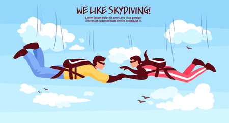 Skydiving adventures horizontal banner with couple in free fall holding hands romantic experience above clouds vector illustrationのイラスト素材
