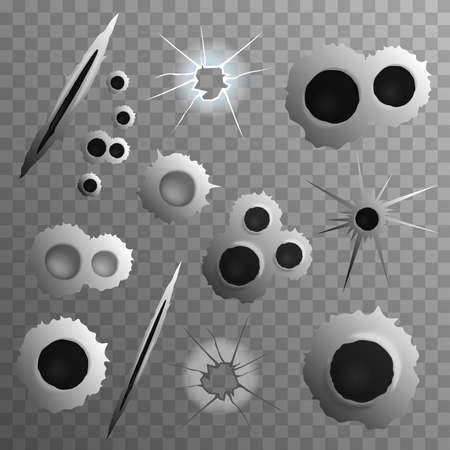 Bullet shot holes realistic set on transparent background with isolated shot bullet hole images of different size vector illustrationのイラスト素材