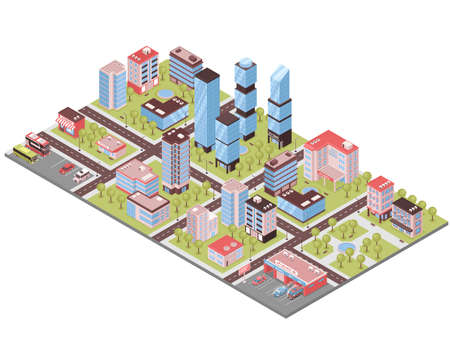 City district isometric composition with business center office towers auto repair parking lot stores buildings vector illustrationのイラスト素材