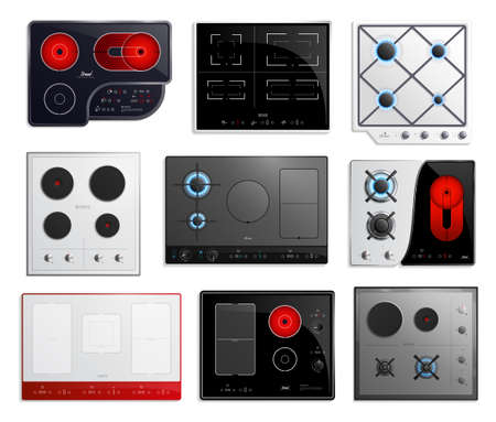 Colored and realistic hob surfaces icon set with different types of hob sizes and power vector illustrationのイラスト素材