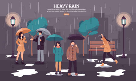 Weather forecast web page with heavy rain on dark cloudy day with people under umbrellas vector illustrationのイラスト素材