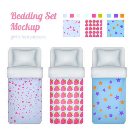 Childish girl bedding set of isolated patterns for sheeting textile and top view of neat beds vector illustrationのイラスト素材