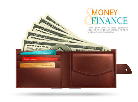 Colored realistic wallet composition with money and finance headline and full of money vector illustrationのイラスト素材