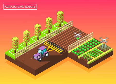 Agricultural robots isometric composition with tractor plowing field and helicopter watering vegetable beds vector illustrationのイラスト素材