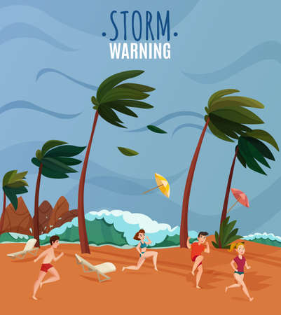 Seaside landscape with storm warning at beach symbols flat  vector illustrationのイラスト素材