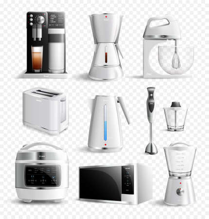 White household kitchen appliances icon set in realistic style on transparent background vector illustrationのイラスト素材
