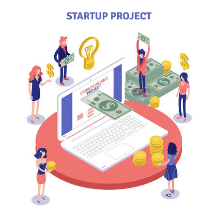 Isometric crowdfunding composition with human characters of investing public and laptop computer with bank notes and coins vector illustrationのイラスト素材