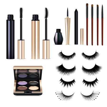 Set of realistic false lashes and decorative cosmetics for eyes including mascara, shadow palette isolated vector illustrationのイラスト素材