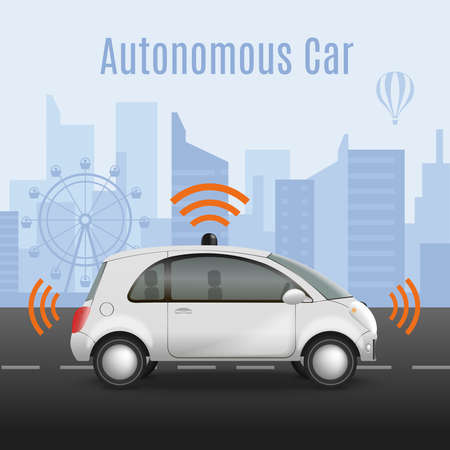 Autonomous car on road composition with realistic image of automobile with radiowave pictograms and urban scenery vector illustrationのイラスト素材