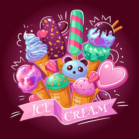 Ice cream products assortment background advertisement poster with delicious frozen yogurt chocolate strawberry japanese desserts vector illustrationのイラスト素材