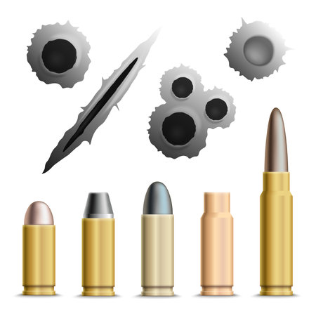 Bullets and holes realistic set of isolated grey bullet holes and metallic ammunition rounds with shadows vector illustrationのイラスト素材