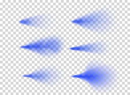 Spray realistic set with six isolated images of blue spray trails of different shape on transparent background vector illustrationのイラスト素材