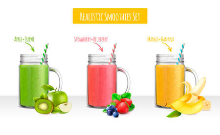 Colorful set of jars with smoothie drinks composed by fruits and berries ingredients realistic vector illustrationのイラスト素材