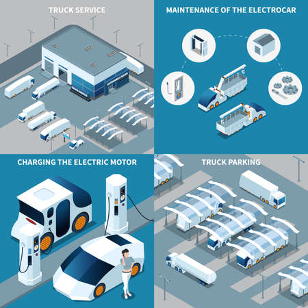 Futuristic electric vehicles isometric design concept with truck service, car maintenance, motor charging, parking isolated vector illustrationのイラスト素材
