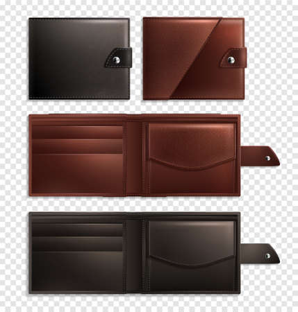 Three stylish realistic wallet transparent icon set opened and closed empty and brown vector illustrationのイラスト素材