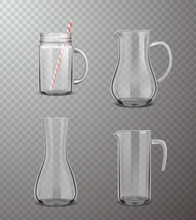 Four isolated  glass jugs of different form in realistic style on transparent background vector illustrationのイラスト素材