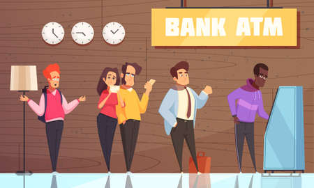 Bank interior atm poster with young man couple businessman characters waiting in queue for cash vector illustrationのイラスト素材