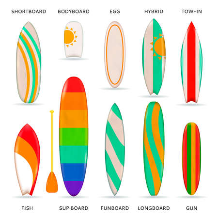Surfboards colored realistic collection of different models designs and sizes with description isolated vector illustrationのイラスト素材