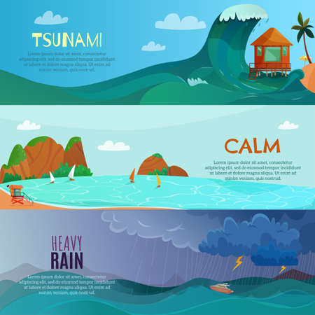 Seaside landscapes horizontal banners set with heavy rain symbols flat isolated vector illustrationのイラスト素材