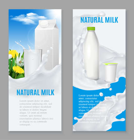 Realistic dairy products including natural milk and yogurt set of vertical blue white banners isolated vector illustrationのイラスト素材