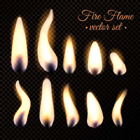 Bright fire flames of different realistic forms from burning candle or matchstick isolated on dark transparent background vector illustrationのイラスト素材