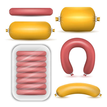Colored set of package sausage products in realistic style on white background isolated vector illustrationのイラスト素材