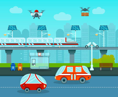 Smart city composition with cartoon style images of futuristic cars monorail and drones in urban landscape vector illustrationのイラスト素材