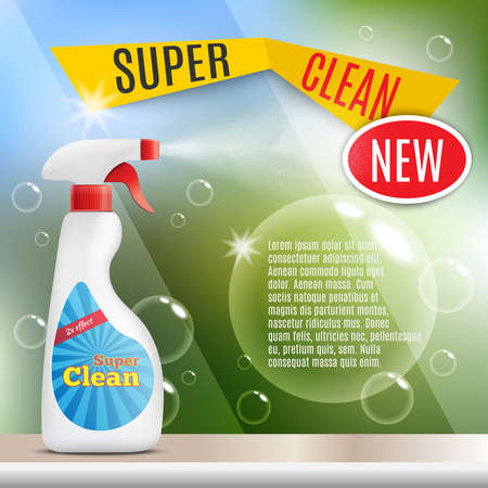 Spray for window cleaning composition with realistic image of window cleaner soap bubbles and editable text vector illustrationのイラスト素材