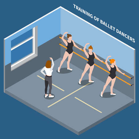 Training of ballet dancers, barre exercises, isometric composition on blue background vector illustrationのイラスト素材