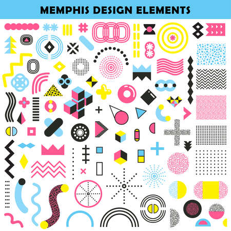 Memphis design mixture shapes and colors angular graphic worm like patterns decorative elements collection abstract vector illustrationのイラスト素材